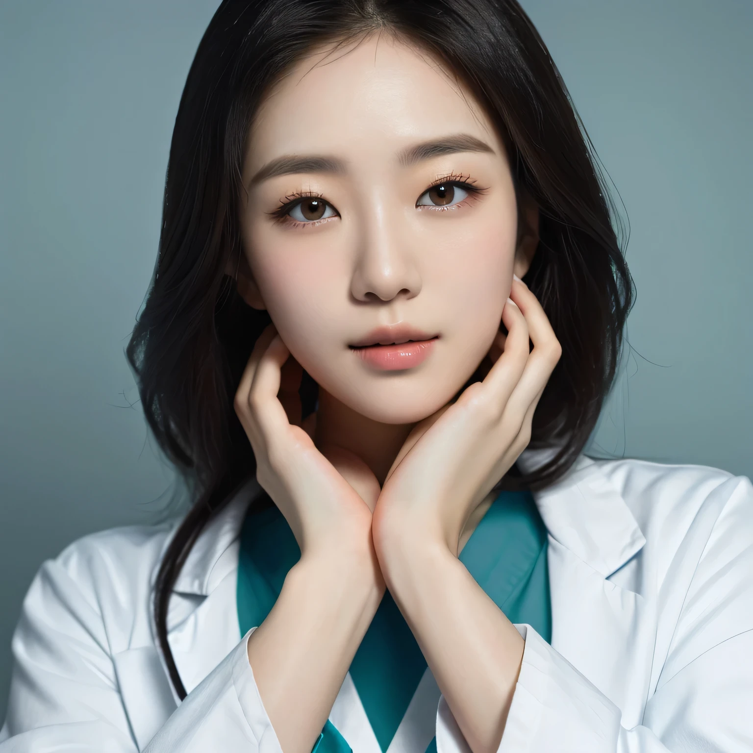best quality, 1girl, (resting chin in hands), hospital bed, Beautiful Japanese female doctor wearing white labcoat over teal scrubs,beautiful detailed face, pale skin, realistic skin, detailed cloth texture, detailed hair texture, accurate, Anatomically correct, Highly detailed face and skin texture , looking at viewer

