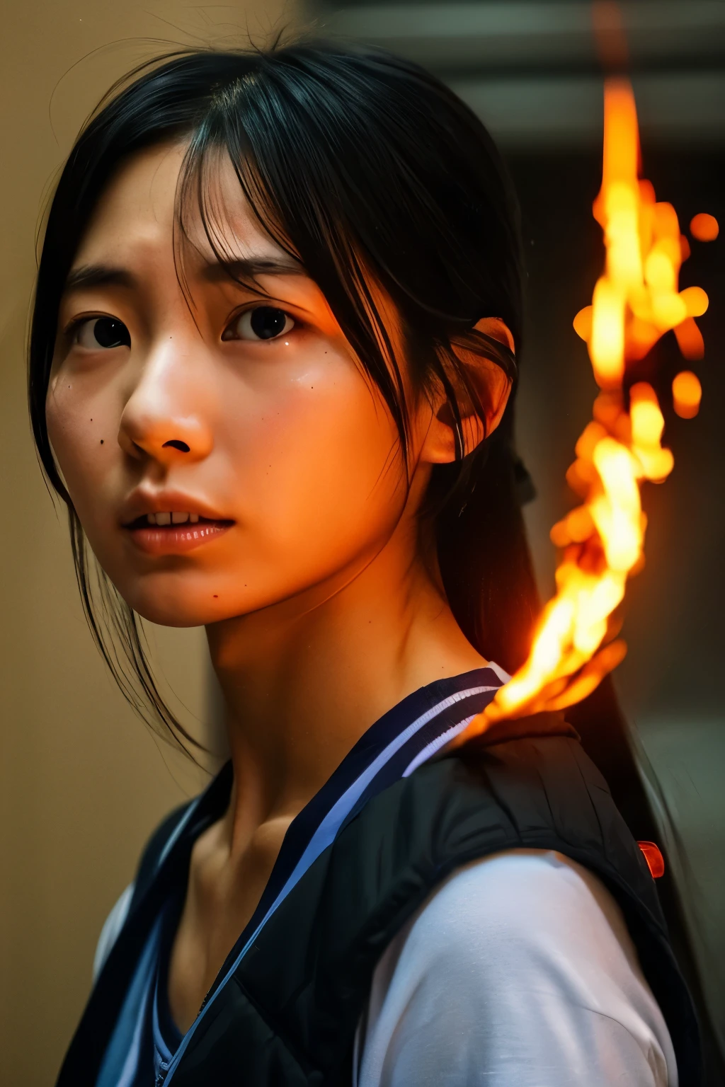 ((올바른 인체 구조)), (상세한 얼굴, 상세한 눈), 일본 여자, 슬픔의 표정, 불이 붙은 배경, 타오르는