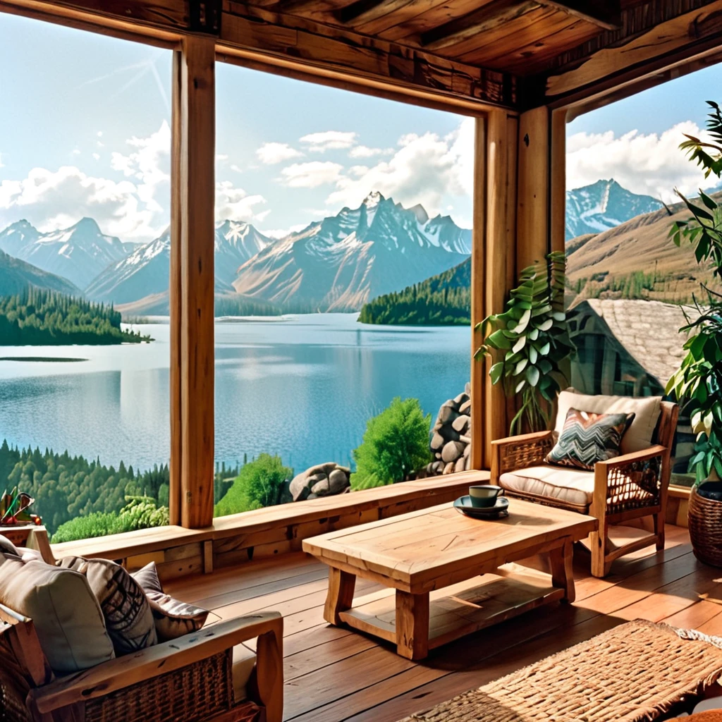 Uma sala de estar aconchegante e rústica com vista ampla para um tranquilo lago de montanha. A sala está mobiliada com confortáveis cadeiras de vime, almofadas macias, e uma mesa de centro de madeira. O design inclui tons terrosos, materiais naturais, e plantas de interior, criando uma atmosfera calorosa e convidativa que combina perfeitamente com a deslumbrante paisagem ao ar livre.