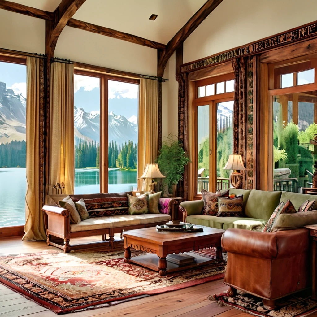 A vintage-inspired living room with a breathtaking view of a peaceful mountain lake. The space is decorated with classic wooden furniture, ornate rugs, and elegant drapery. The room's color scheme features rich, warm hues that complement the natural surroundings, and large windows allow for an abundance of natural light, enhancing the room's charm and sophistication
