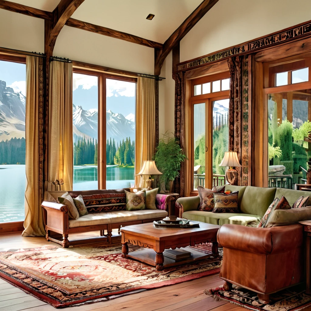 Un salon d&#39;inspiration vintage avec une vue imprenable sur un lac de montagne paisible. L&#39;espace est décoré avec des meubles en bois classiques, tapis ornés, et des draperies élégantes. La palette de couleurs de la pièce présente de riches, des teintes chaudes qui complètent l&#39;environnement naturel, et de grandes fenêtres permettent une abondance de lumière naturelle, rehausser le charme et la sophistication de la pièce