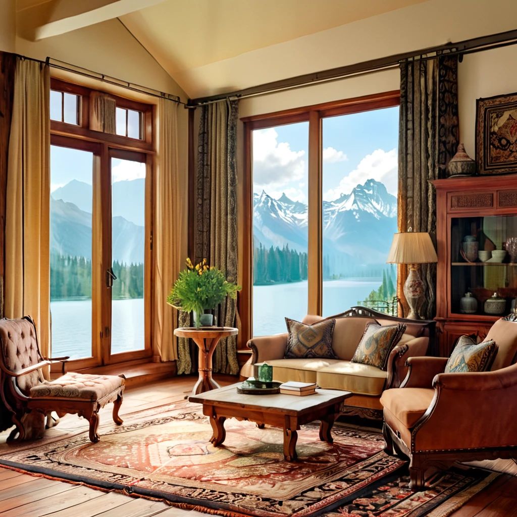 A vintage-inspired living room with a breathtaking view of a peaceful mountain lake. The space is decorated with classic wooden furniture, ornate rugs, and elegant drapery. The room's color scheme features rich, warm hues that complement the natural surroundings, and large windows allow for an abundance of natural light, enhancing the room's charm and sophistication