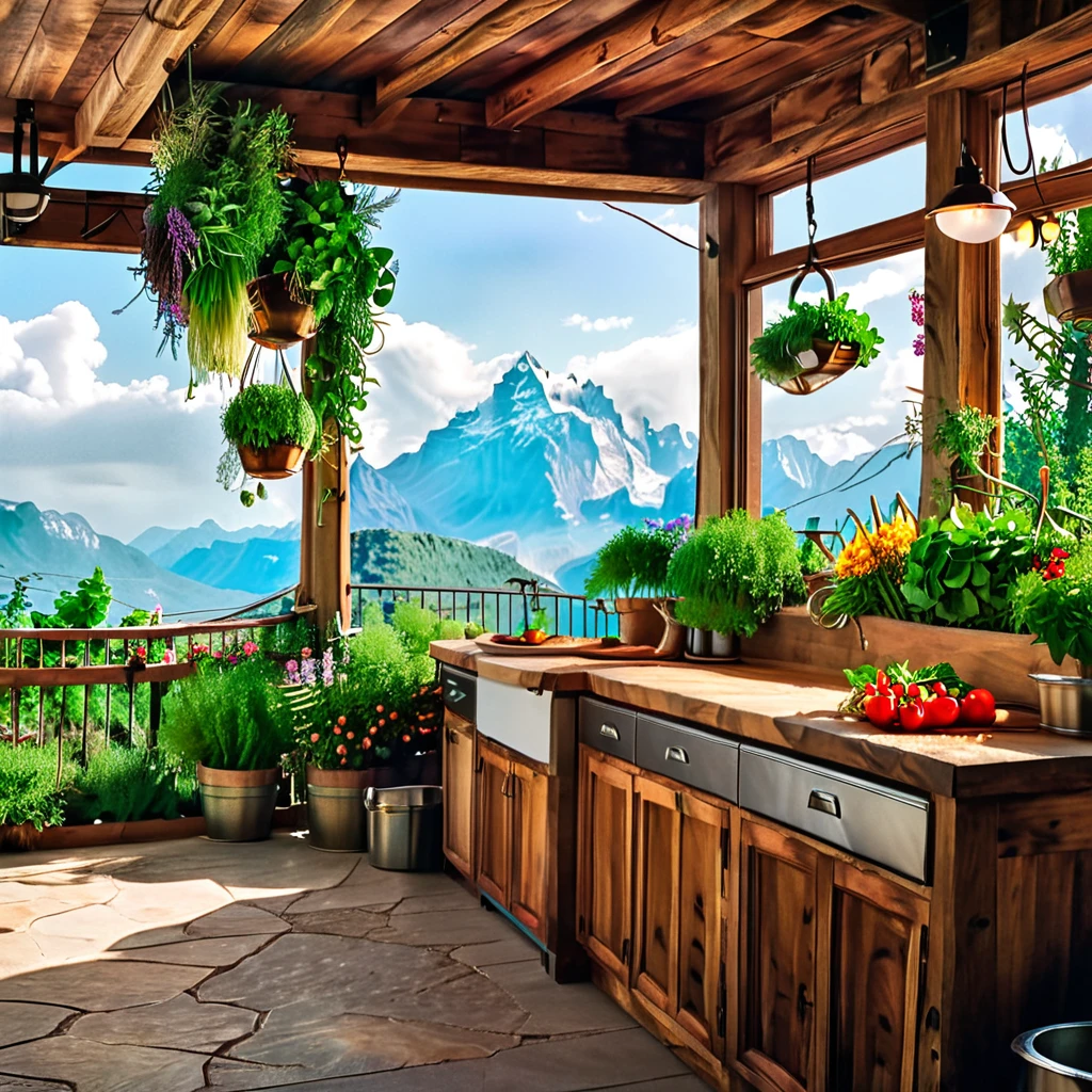 An outdoor rustic kitchen with a breathtaking mountain view. The design features wooden countertops, an abundance of fresh vegetables and herbs, and hanging Edison bulb lights. The kitchen is surrounded by lush greenery and colorful flowers, creating a warm and inviting atmosphere perfect for outdoor cooking and dining