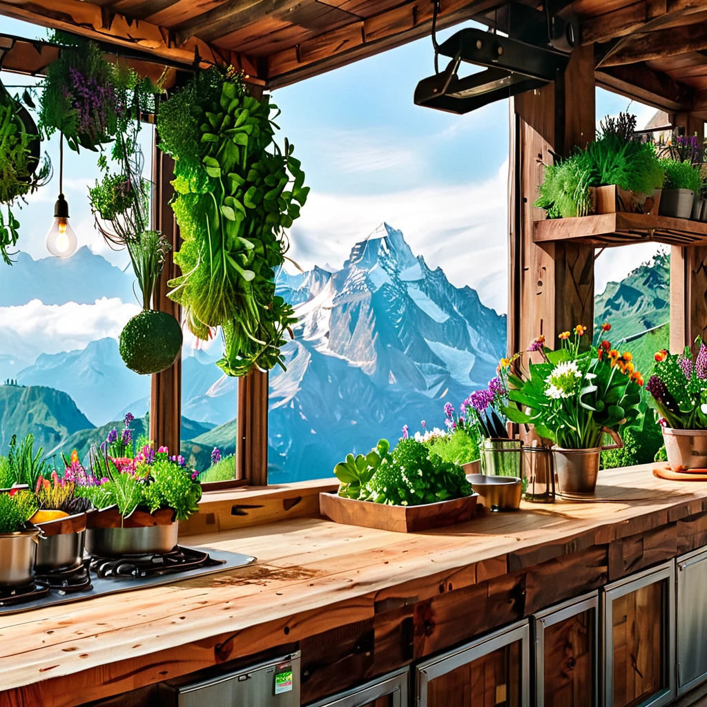 Une cuisine extérieure rustique avec une vue imprenable sur les montagnes. La conception comprend des comptoirs en bois, une abondance de légumes frais et d&#39;herbes, et des ampoules Edison suspendues. La cuisine est entourée d&#39;une verdure luxuriante et de fleurs colorées, créant une atmosphère chaleureuse et accueillante, parfaite pour cuisiner et manger en plein air