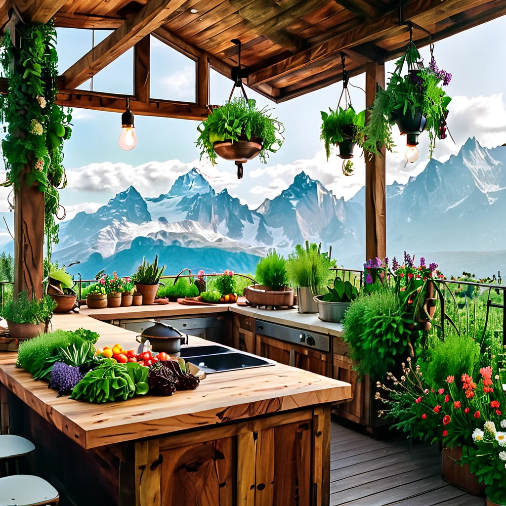 An outdoor rustic kitchen with a breathtaking mountain view. The design features wooden countertops, an abundance of fresh vegetables and herbs, and hanging Edison bulb lights. The kitchen is surrounded by lush greenery and colorful flowers, creating a warm and inviting atmosphere perfect for outdoor cooking and dining