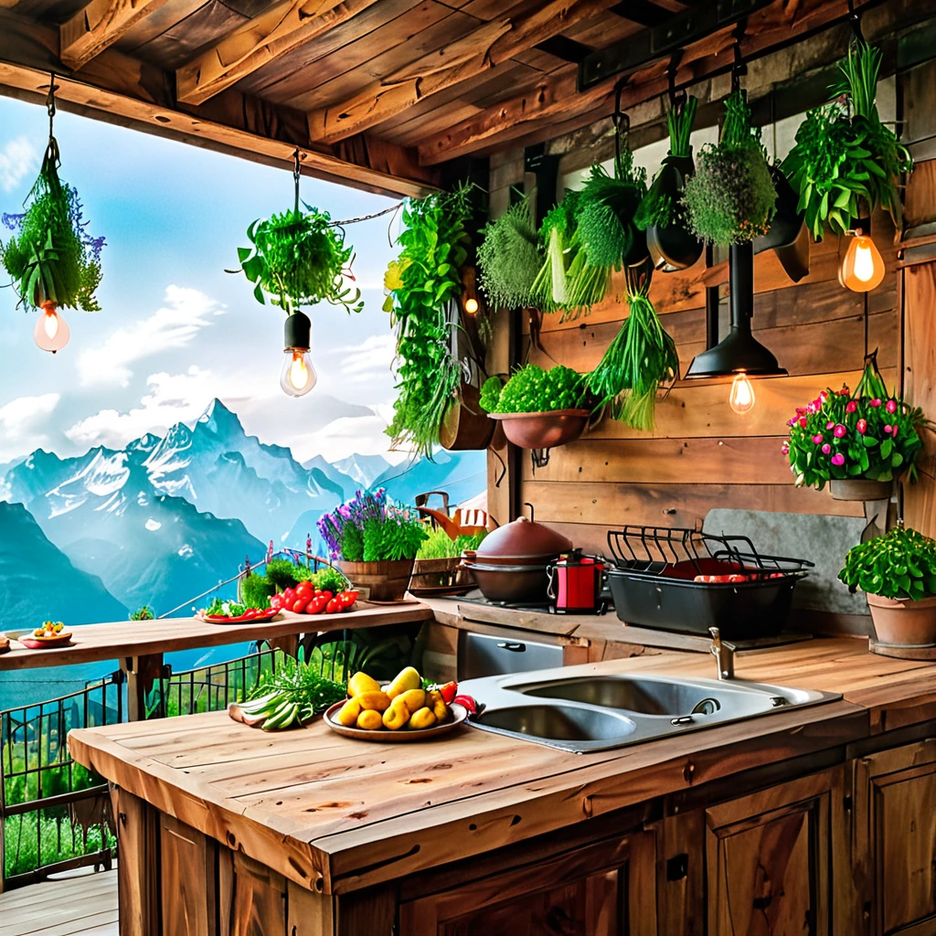 An outdoor rustic kitchen with a breathtaking mountain view. The design features wooden countertops, an abundance of fresh vegetables and herbs, and hanging Edison bulb lights. The kitchen is surrounded by lush greenery and colorful flowers, creating a warm and inviting atmosphere perfect for outdoor cooking and dining