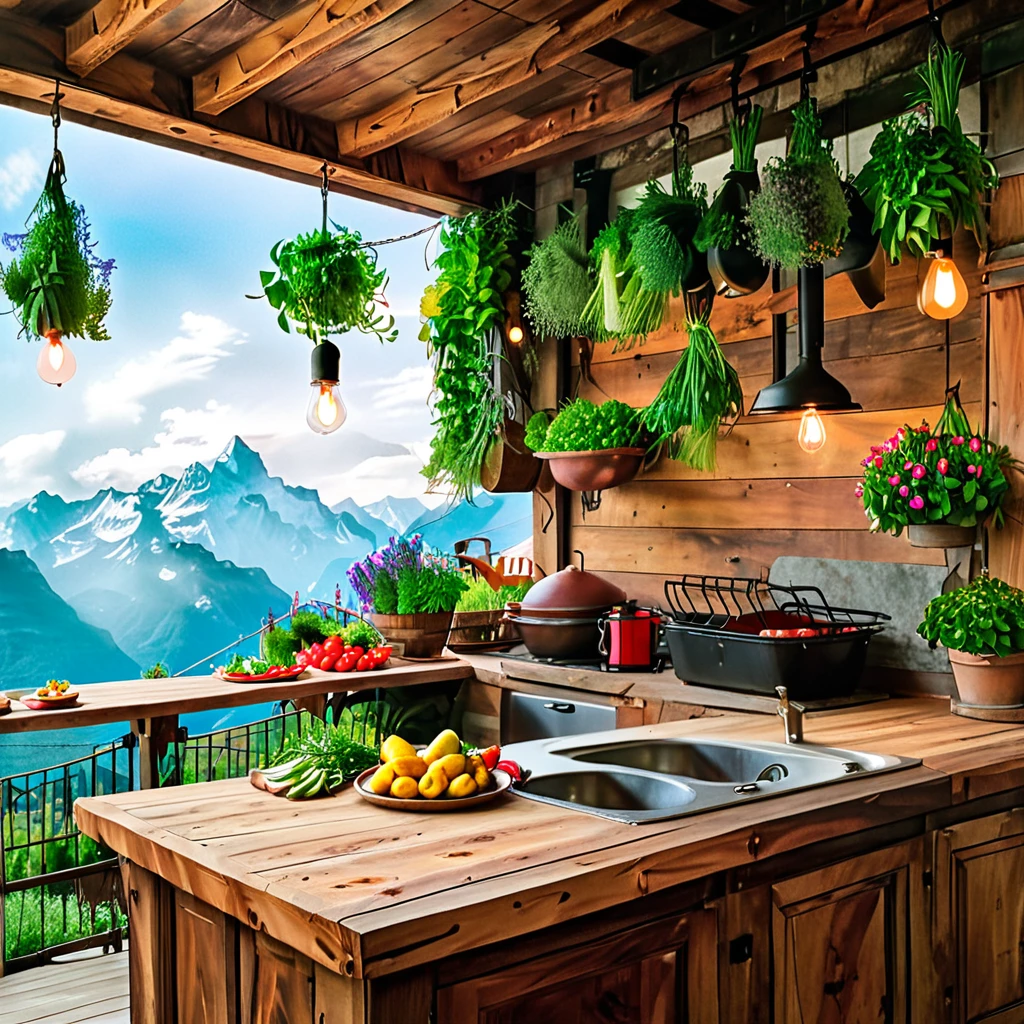 Une cuisine extérieure rustique avec une vue imprenable sur les montagnes. La conception comprend des comptoirs en bois, une abondance de légumes frais et d&#39;herbes, et des ampoules Edison suspendues. La cuisine est entourée d&#39;une verdure luxuriante et de fleurs colorées, créant une atmosphère chaleureuse et accueillante, parfaite pour cuisiner et manger en plein air