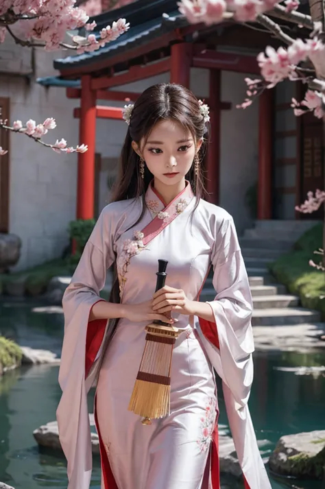 "depict tzuyu from twice gracefully playing the guzheng, adorned in an elaborate and elegant hanfu dress. her attire should flow...