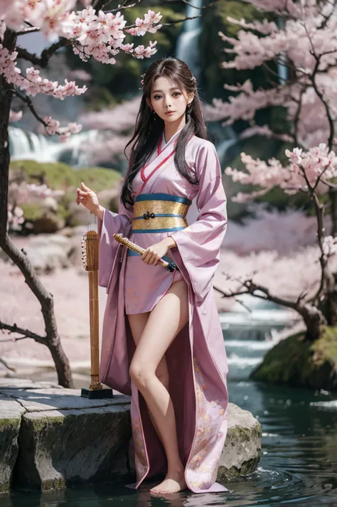 "depict tzuyu from twice gracefully playing the guzheng, adorned in an elaborate and elegant hanfu dress. her attire should flow...