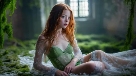(Mackenzie Foy ginger hair teen girl,13 years old with, hand, fingers in vagina:1.3),  (naked, nude:1.8), (sexy lace lingerie:1....