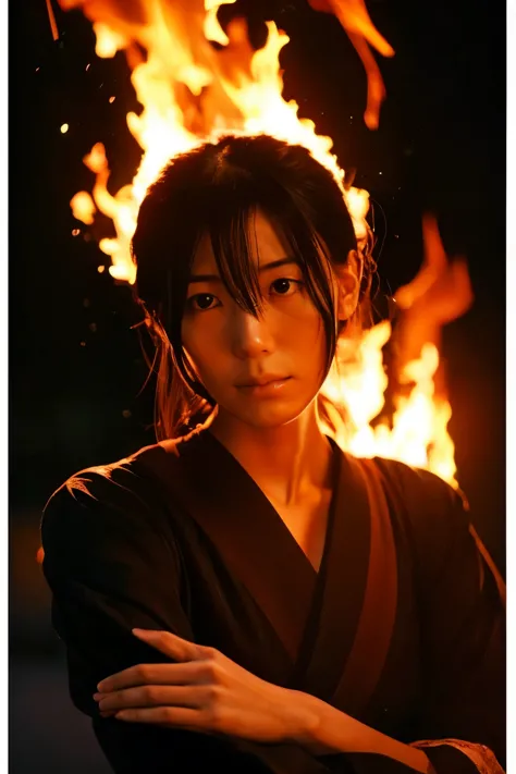 ((correct human body structure)), (detailed face, detailed eyes), a japanese woman, sad face, background on fire, blazing up