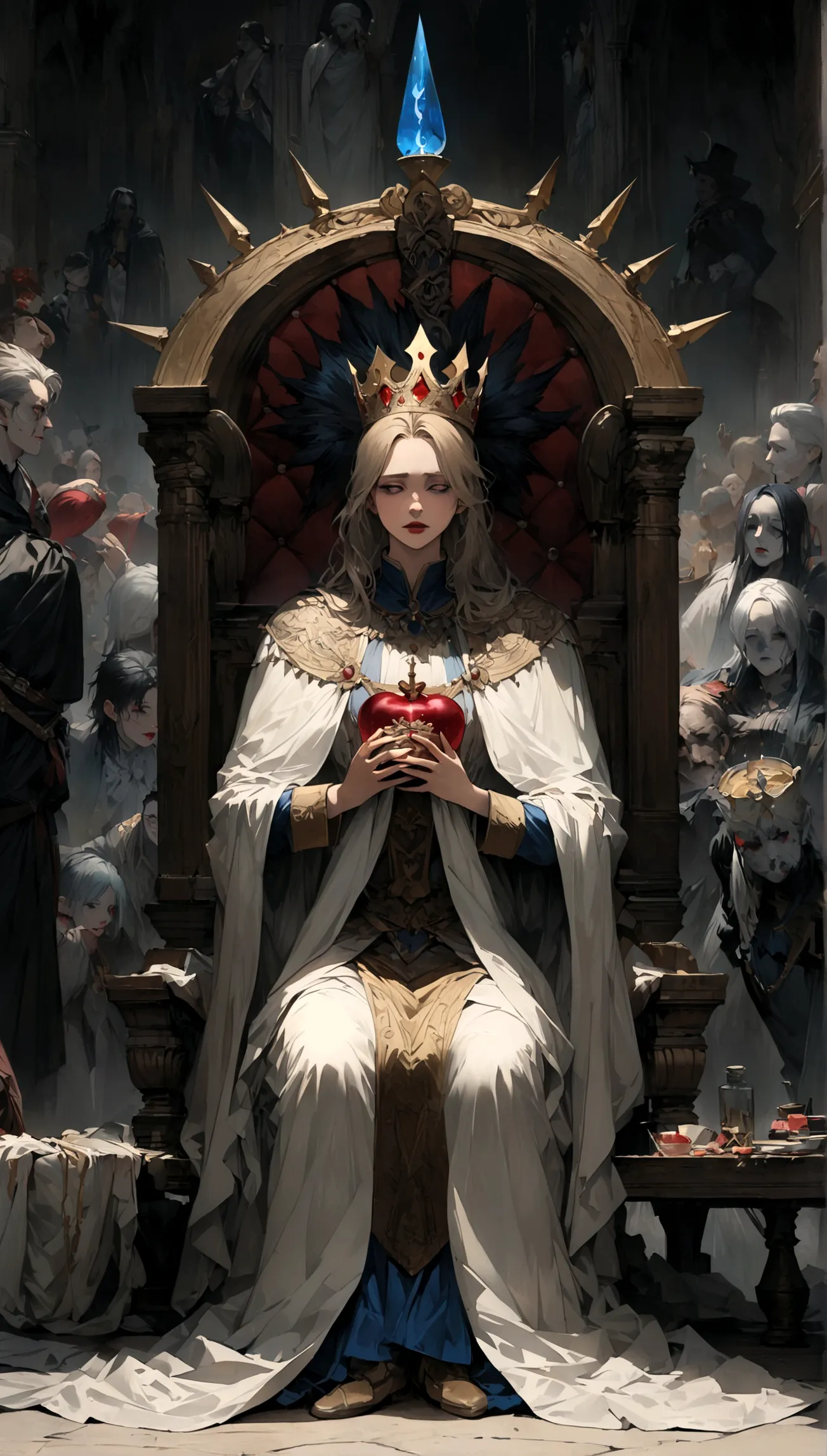 Throne room scenery,oil painting style,king sitting on the throne,Subjects prostrating,Subject's clothing details,There is a dis...