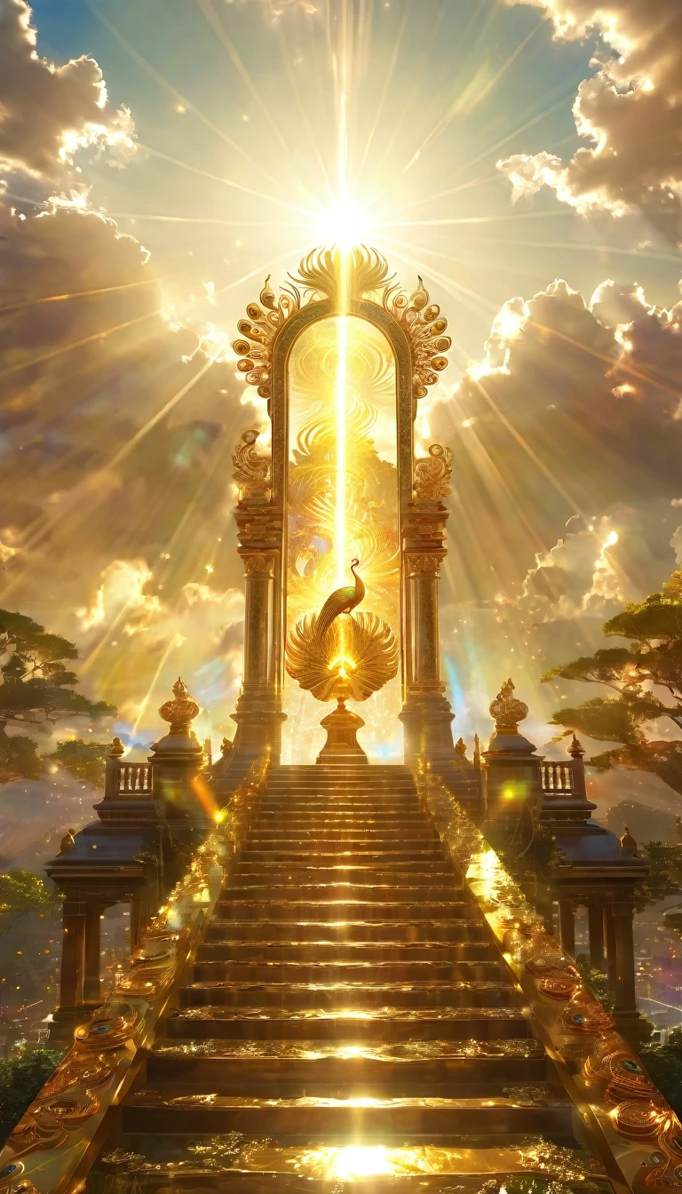 Very beautiful photo of a golden peacock、A dazzling light that paints everything in gold、god々area、Digital Art, The clouds clear and the shining sun appears, On Ascension Day，Golden Sun、Sky City、god々Utopian、There is one relic。Lens flare、Angel Ladder、Super Detail，Highest quality，masterpiece，（8K)，Very detailed，A wonderful work of art，The picture is clear，Golden light on background