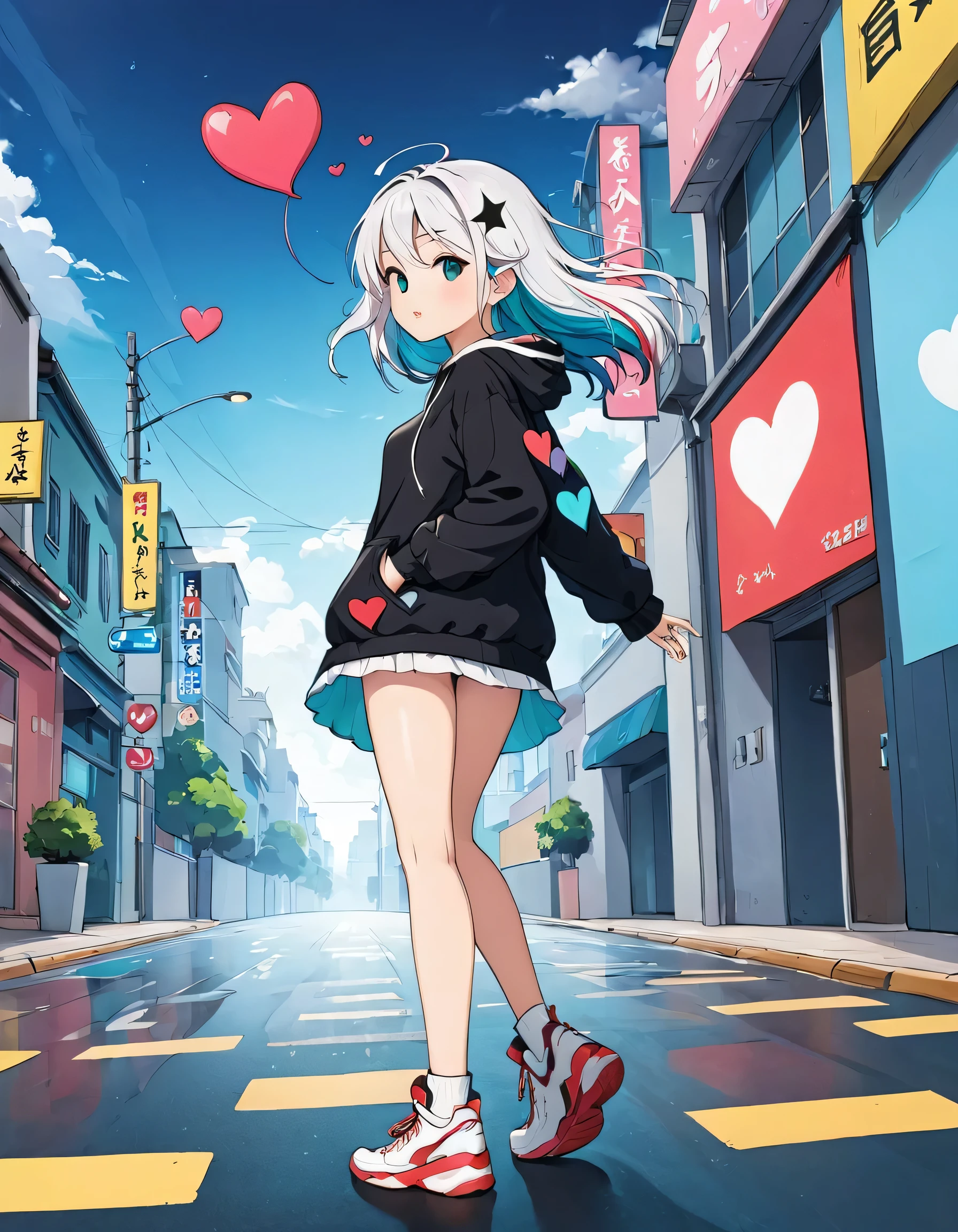 Black Star Red and White style, Simple Line Initialism，Abstract art，Urban Background, colorful hearts ,(((The most beautiful girl of all time))), walking, Cute and colorful amoeba