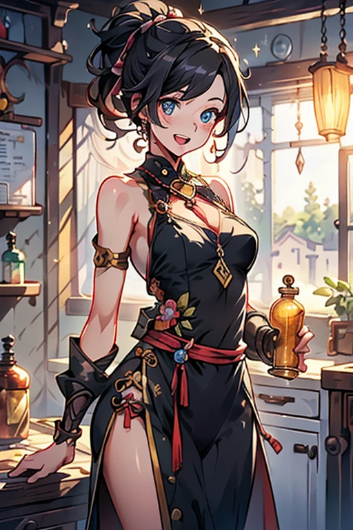 (fantasy:1.5),(anime,8k,masterpiece, top quality, best quality,beautiful and aesthetic:1.2,professional illustrasion:1.1,ultra detail:1.3,perfect lighting),extremely detailed,highest detailed,incredibly absurdres , highres, ultra detailed,intricate:1.6,(Alchemy Workshop:1.4),A girl mixing,Medicine in many small bottles,holding small potion,colorful:1.4,zentangle,(1girl),(girl),(Three kingdoms female warload),(highly detailed beautiful face and eyes,firm breasts),oily skin,((black,hair,short bob with short pony tail hair)),thin pubic hair,cute,lovely,34 years old,alchemist costume,Merchant's Clothing,smile,in the kitchen,smile,seductive weak smiling,(with sparkling eyes and a contagious smile),open mouth, Looking at Viewer,
