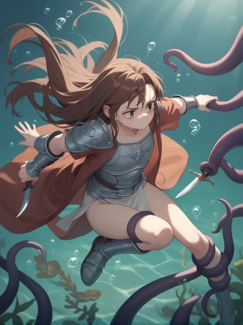 Partially underwater,最high quality,high quality, , Long Hair, Brown Hair, Wet Hair, Flat Chest,Dark underground labyrinth,No lig...