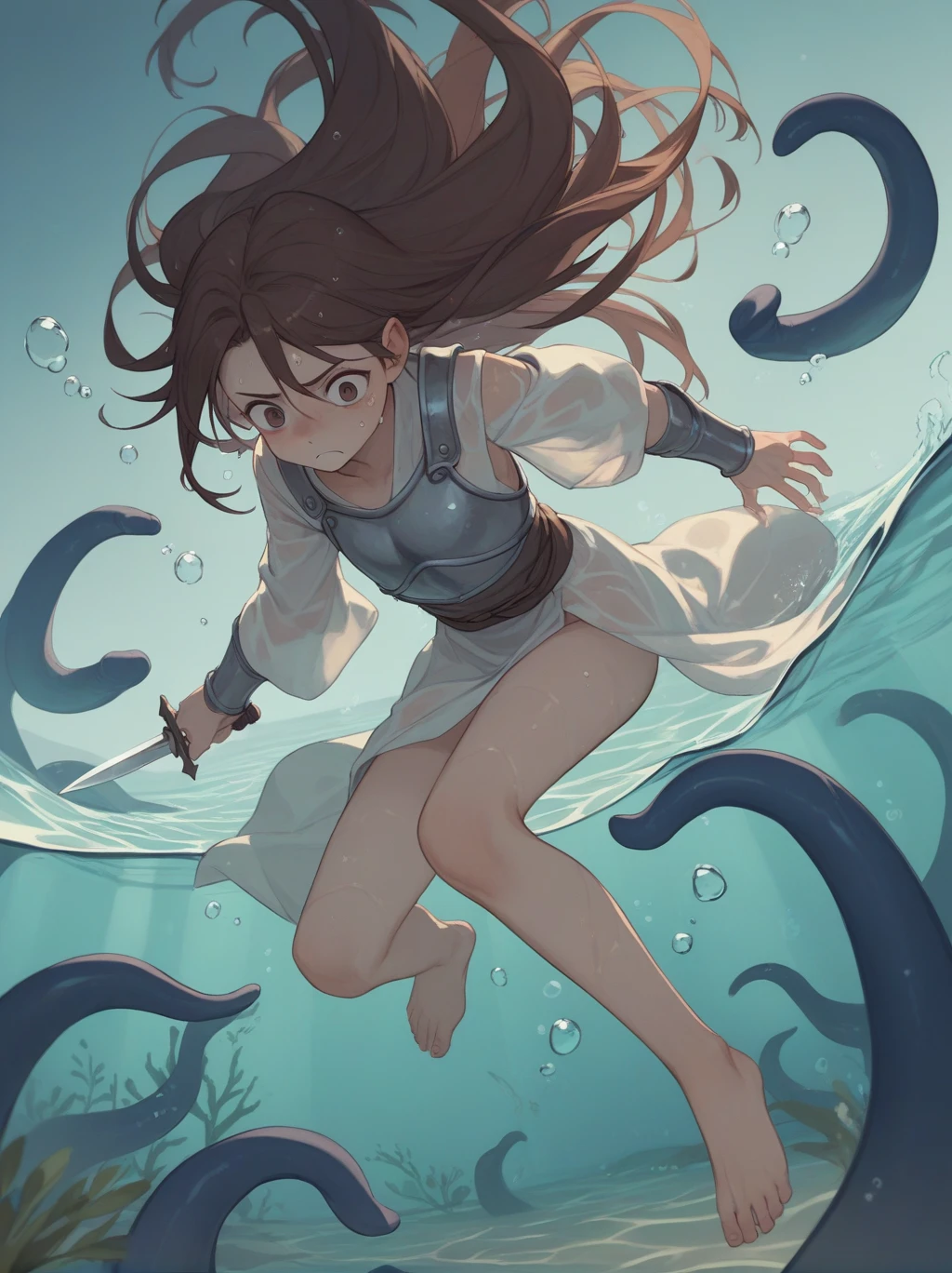 Partially underwater,最high quality,high quality, , Long Hair, Brown Hair, Wet Hair, Flat Chest,Dark underground labyrinth,No light,Cloth armor,Equipped with a dagger and a shield,Face above water,Body in water, Underwater Photography,The robe rolls up due to buoyancy,Painful face、My leg is pulled by tentacles、Being dragged into the water、Go wild