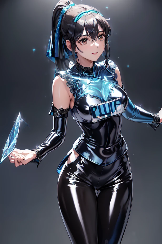 1girl,solo,(police:1.4),cowboy shot,standard height,standing,(black hair:1.4),long hair,ponytail,parted bangs, circlet, headband,(brown eyes:1.4),(beautiful fingers:1.6),(perfect anatomy:1.4),(arms_behind_back:1.6),(cold_shoulder:1.2),BREAK,(blue leather lace glossy silk lamé police uniform:1.8),(latex luster shiny glossy metallic:1.4),(shiny_clothes:1.4),small breasts,masterpiece,best quality,(Ultra high definition eyes:1.2),8k,(Beautiful detailed eyes:1.2),(Fine and beautiful eyes:1.2),(pretty eyes:1.2),finely detail,extremely CG, absurdres,high resolution,illustration,Detailed and beautiful outlines,finely detail,high resolution,(colorful refraction:1.4,Increase saturation:1.2),beautiful lighting,dynamic lighting,closed room,black background,simple background, smile,looking at viewer,(white Clear PVC sheets sleeves:1.4),(sheer sleeves:1.4),(see-through sleeves:1.4),(wide sleeves:1.2),(blue thigh boots)