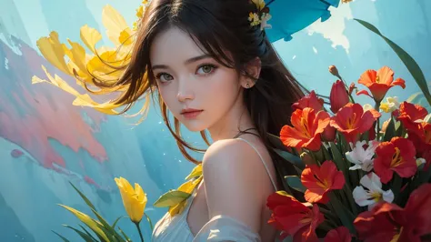 32k, Masterpiece, Highest quality, One girl, Detailed eyes, flower,gladiolus, Yellow and red style,A dreamy, romantic piece,Pale...
