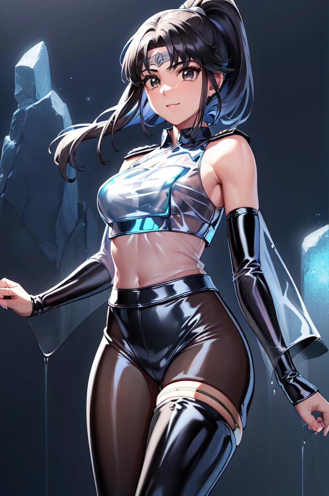 1girl,solo,(police:1.4),(police uniform:1.8),cowboy shot,standard height,standing,(black hair:1.4),long hair,ponytail,parted bangs, circlet, headband,(brown eyes:1.4),(beautiful fingers:1.6),(perfect anatomy:1.4),(arms_behind_back:1.6),(cold_shoulder:1.2),BREAK,(blue leather lace glossy silk lamé:1.2),(latex luster shiny glossy metallic:1.4),(shiny_clothes:1.4),small breasts,masterpiece,best quality,(Ultra high definition eyes:1.2),8k,(Beautiful detailed eyes:1.2),(Fine and beautiful eyes:1.2),(pretty eyes:1.2),finely detail,extremely CG, absurdres,high resolution,illustration,Detailed and beautiful outlines,finely detail,high resolution,(colorful refraction:1.4,Increase saturation:1.2),beautiful lighting,dynamic lighting,closed room,black background,simple background, smile,looking at viewer,(white Clear PVC sheets sleeves:1.4),(sheer sleeves:1.4),(see-through sleeves:1.4),(wide sleeves:1.2),(blue thigh boots)