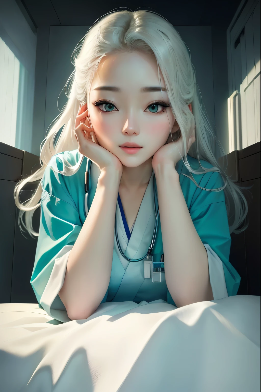 masterpiece, best quality, 1girl, (resting chin in hands), hospital bed, Beautiful Japanese female doctor wearing white labcoat over teal scrubs,beautiful detailed face, pale skin, realistic skin, detailed cloth texture, detailed hair texture, accurate, Anatomically correct, Highly detailed face and skin texture , looking at viewer