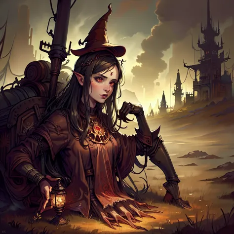 Cursed witch in the swamp,[orange | red] eyes, (fantasy illustration:1.3), creepy horror, tentacles, Charming look, charming pos...