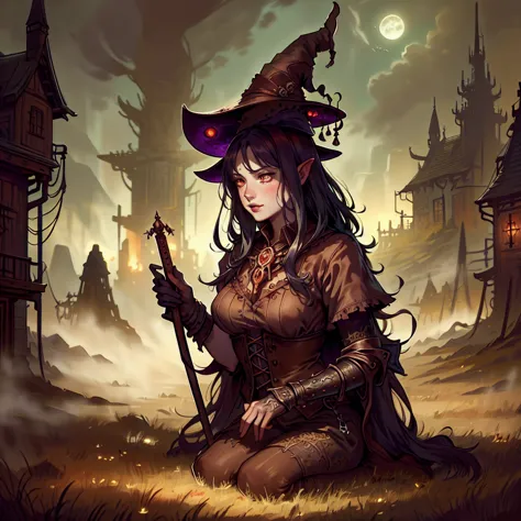 Cursed witch in the swamp,[orange | red] eyes, (fantasy illustration:1.3), creepy horror, tentacles, Charming look, charming pos...