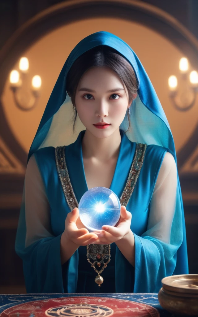 Overall body orientation: front. Female fortune teller. Charm, Beautiful and mysterious. She has a blue cape on her head、The face is clear。. The background is bright and sparkling. An atmosphere of anxiety and anticipation. The fortune teller is standing. He has a crystal ball in each hand. The lighting in the room is bright, Create a fantastic atmosphere. Best image quality, 4K or 8K resolution. Extremely fine detail、It&#39;s as real as a photo. Artistic style is、It should reflect the formula&#39;s aesthetic with bright colors and strong contrast。. The color palette should emphasize the mysterious and mystical theme of the piece.. The fortune teller&#39;s cloak is decorated with metal ornaments and intricate designs., Thickness ratio 1.5. The overall atmosphere is wonderful and fantastic. The fortune teller&#39;s facial expression should evoke a mysterious interest.. There is no one there except the fortune teller.