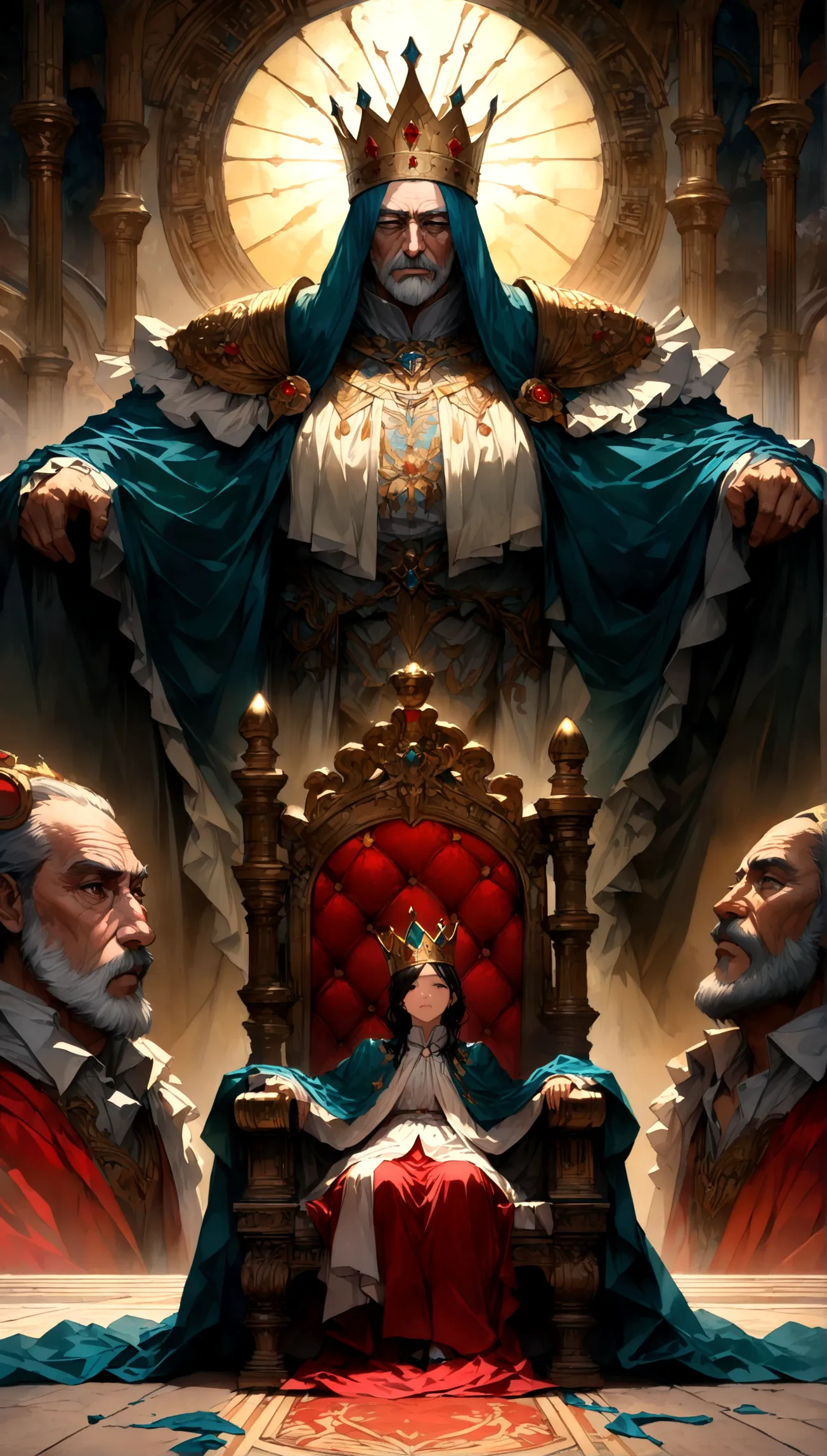Throne room scenery,oil painting style,king sitting on the throne,Subjects prostrating,Subject's clothing details,There is a dis...