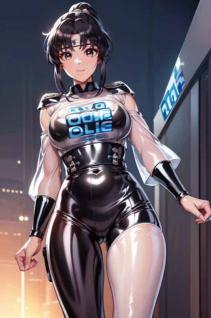 1girl,solo,(police:1.6),(police uniform:2.0),cowboy shot,standard height,standing,(black hair:1.4),long hair,ponytail,parted bangs, circlet, headband,(brown eyes:1.4),(beautiful fingers:1.6),(perfect anatomy:1.4),(arms_behind_back:1.6),(cold_shoulder:1.2),(latex luster shiny glossy metallic:1.4),(shiny_clothes:1.4),small breasts,masterpiece,best quality,(Ultra high definition eyes:1.2),8k,(Beautiful detailed eyes:1.2),(Fine and beautiful eyes:1.2),(pretty eyes:1.2),finely detail,extremely CG, absurdres,high resolution,illustration,Detailed and beautiful outlines,finely detail,high resolution,(colorful refraction:1.4,Increase saturation:1.2),beautiful lighting,dynamic lighting,closed room,black background,simple background, smile,looking at viewer,(white Clear PVC sheets sleeves:1.4),(sheer sleeves:1.4),(see-through sleeves:1.4),(wide sleeves:1.2),(blue thigh boots)