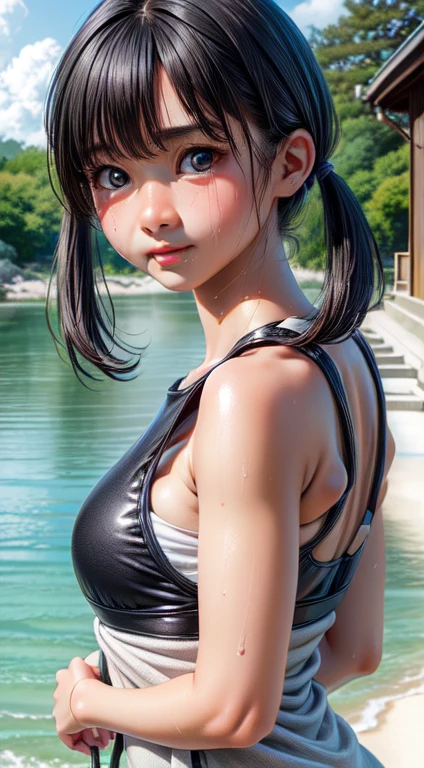 High resolution, Highest quality,  super high quality, Very detailed, 8K、Swimsuit、、Embarrassing、Sweaty、Sweat、Embarrassing、(masterpiece:1.2, Highest quality), (Realistic, photoRealistic:1.4), Beautiful illustrations, (Natural Side Lighting, Cinema Lighting), View your viewers, whole body, 1 Girl, Japanese, high school girl, Perfect Face, Cute and symmetrical face, Shiny skin, Baby Face, (short hair, Low twin tails,Black Hair), Hair between the eyes, black eye, Big eyes, Droopy eyes, (Center of chest, Captivating thighs, Big Ass)