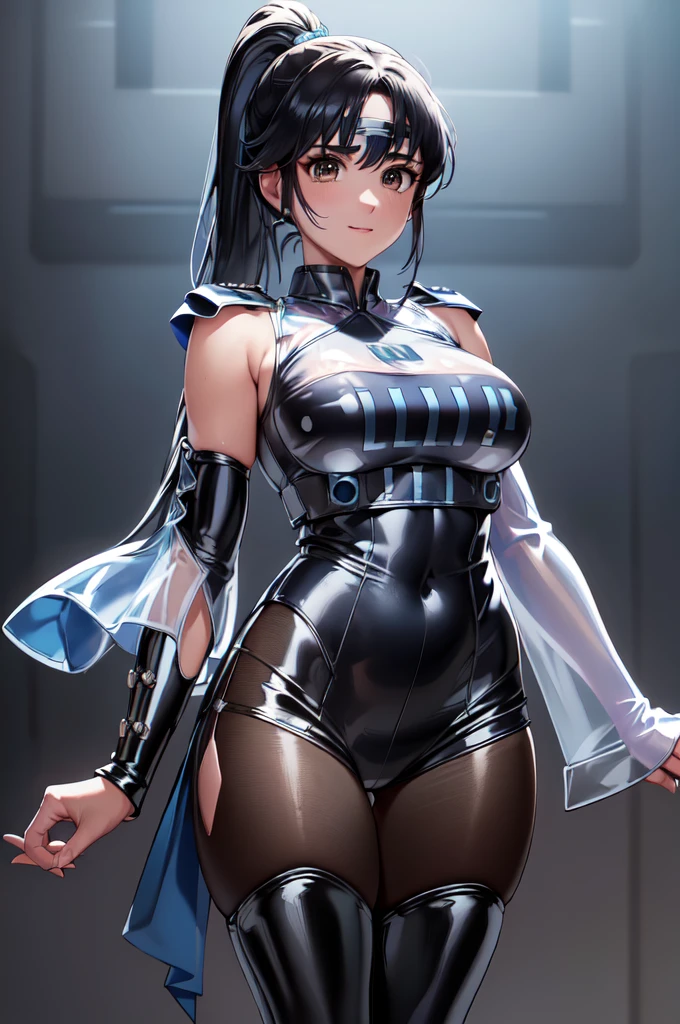 1girl,solo,(police:1.6),(blue police uniform:2.0),(blue pencil skirt:1.2)cowboy shot,standard height,standing,(black hair:1.4),long hair,ponytail,parted bangs, circlet, headband,(brown eyes:1.4),(beautiful fingers:1.6),(perfect anatomy:1.4),(arms_behind_back:1.6),(cold_shoulder:1.4),(latex luster shiny glossy metallic:1.4),(shiny_clothes:1.4),small breasts,masterpiece,best quality,(Ultra high definition eyes:1.2),8k,(Beautiful detailed eyes:1.2),(Fine and beautiful eyes:1.2),(pretty eyes:1.2),finely detail,extremely CG, absurdres,high resolution,illustration,Detailed and beautiful outlines,finely detail,high resolution,(colorful refraction:1.4,Increase saturation:1.2),beautiful lighting,dynamic lighting,closed room,black background,simple background, smile,looking at viewer,(white Clear PVC sheets sleeves:1.4),(sheer sleeves:1.4),(see-through sleeves:1.4),(wide sleeves:1.2),(blue thigh boots)