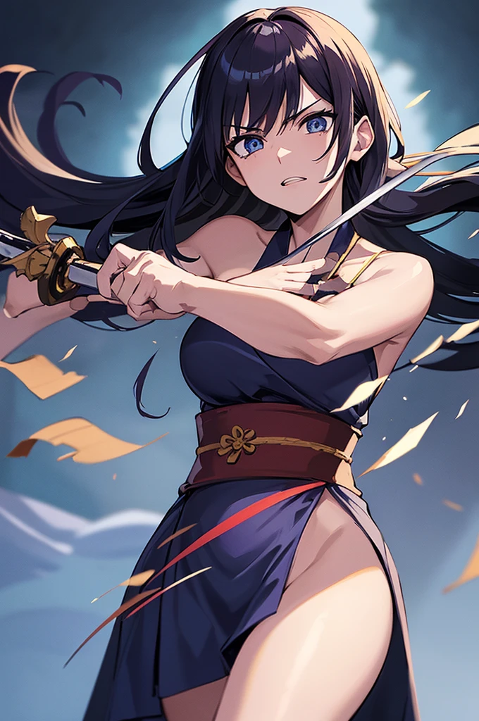 Highest quality, masterpiece, High resolution, alone, （Glaring Eyes），（Large Breasts），Mansuji，Pussy，Completely naked，roar，((Dentitions)) ， (Japanese sword)，Iron Sword，thrust，Evening sky_background，Young Girl，Anime Style, Highest quality, 4K, masterpiece,， alone, 1,whole body，looking at the camera, Shinkai Makoto style, （dark blue_coat）Sharp Eyes，Low posture，（Full Finger）, （Accurate fingertips）, （The finer details）, （Anatomically correct）, (映画のbackground), Hyper Detail, (Subtle details), (Intricate details),