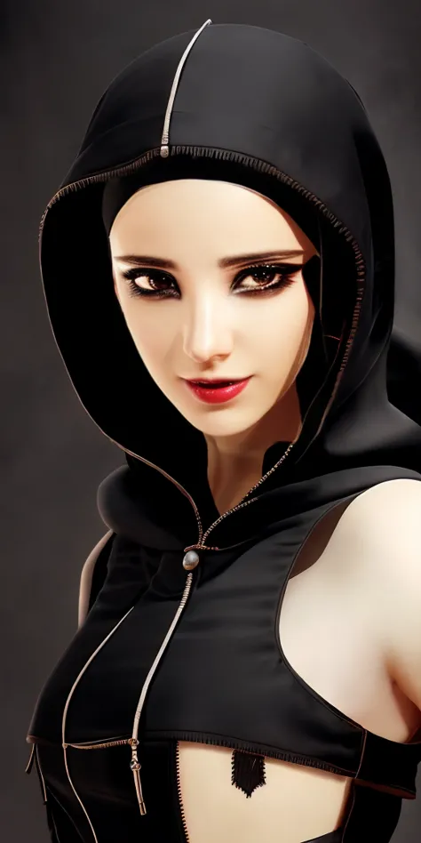 a close up of a person wearing a hood and a hoodie, nun fashion model, flora borsi, nun, nun fashion model looking up, an evil n...