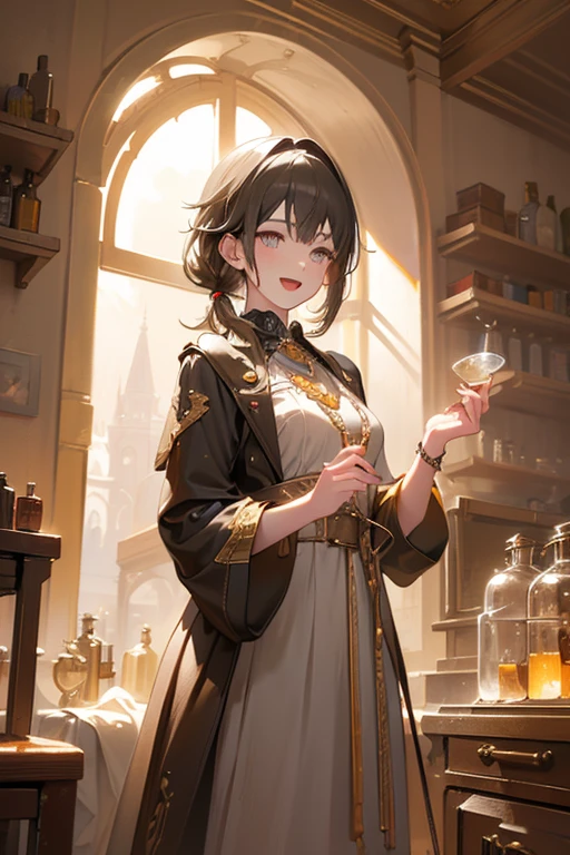 (fantasy:1.5),(anime,8k,masterpiece, top quality, best quality,beautiful and aesthetic:1.2,professional illustrasion:1.1,ultra detail:1.3,perfect lighting),extremely detailed,highest detailed,incredibly absurdres , highres, ultra detailed,intricate:1.6,(Alchemy Workshop:1.4),A girl mixing,Medicine in many small bottles,holding small potion,colorful:1.4,zentangle,(1girl),(girl),(Three kingdoms female warload),(highly detailed beautiful face and eyes,firm breasts),oily skin,((black,hair,short bob with short pony tail hair)),thin pubic hair,cute,lovely,34 years old,alchemist costume,Merchant's Clothing,smile,in the kitchen,smile,seductive weak smiling,(with sparkling eyes and a contagious smile),open mouth, Looking at Viewer,
