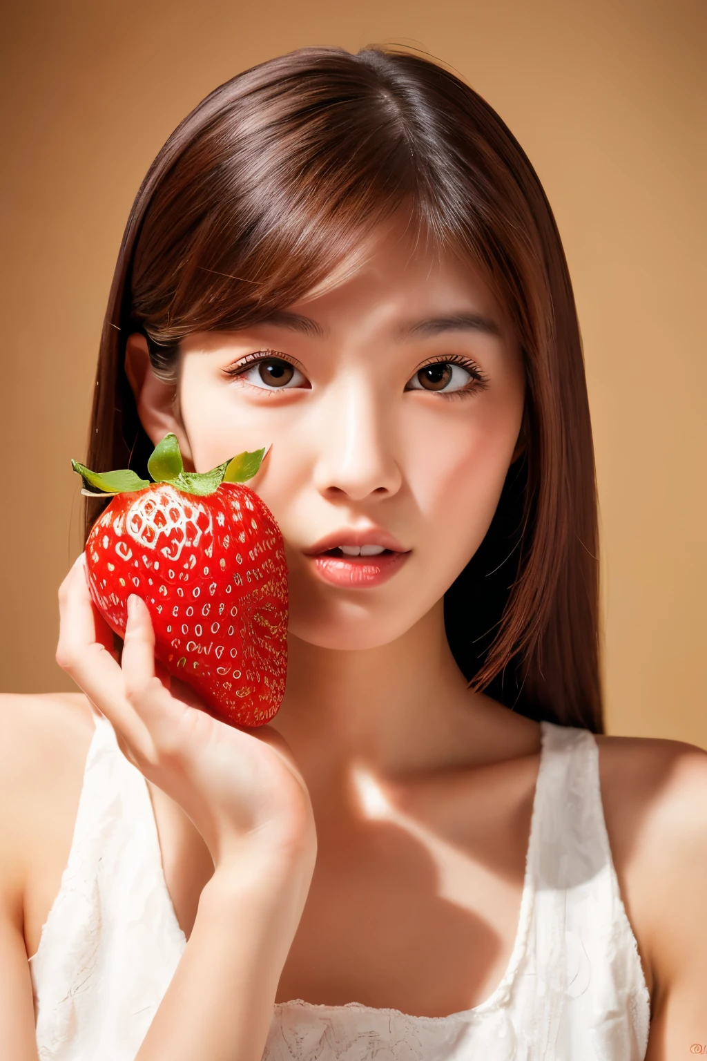 Masterpiece, high quality, high resolution, 8K, HD, creative photo, ((Correct human body structure)), (detailed face, detailed eyes), A Japanese woman, holding only one big strawberry