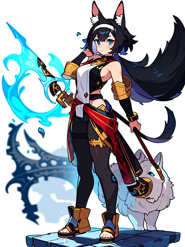 solo female, standing, (((blurry background, white background))), character focus, fantasy clothes, character design, shorts, holding weapon, black hair, bangs, dog ears, folded over dog ears, black curled tail, dog tail, blue eyes, canine iris, puppy ears, shaggy hair, shoulder length