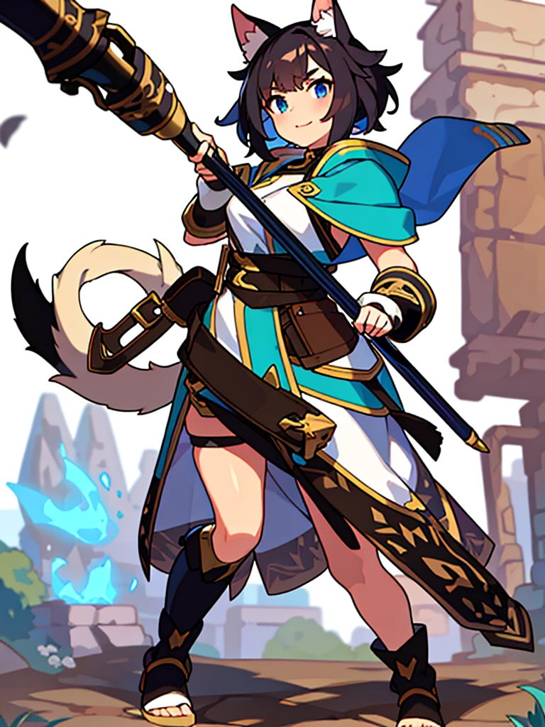 solo female, standing, (((blurry background, white background))), character focus, fantasy clothes, character design, shorts, holding weapon, black hair, bangs, dog ears, folded over dog ears, black curled tail, dog tail, blue eyes, canine iris, puppy ears, shaggy hair, shoulder length