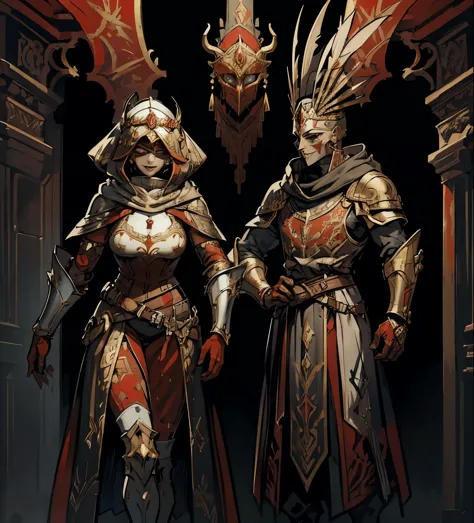 warrior_robot, Harlequin costume, full detailed, medieval, fantasy, scale armor, ((elegant headdress over hood)), fantasy, red a...