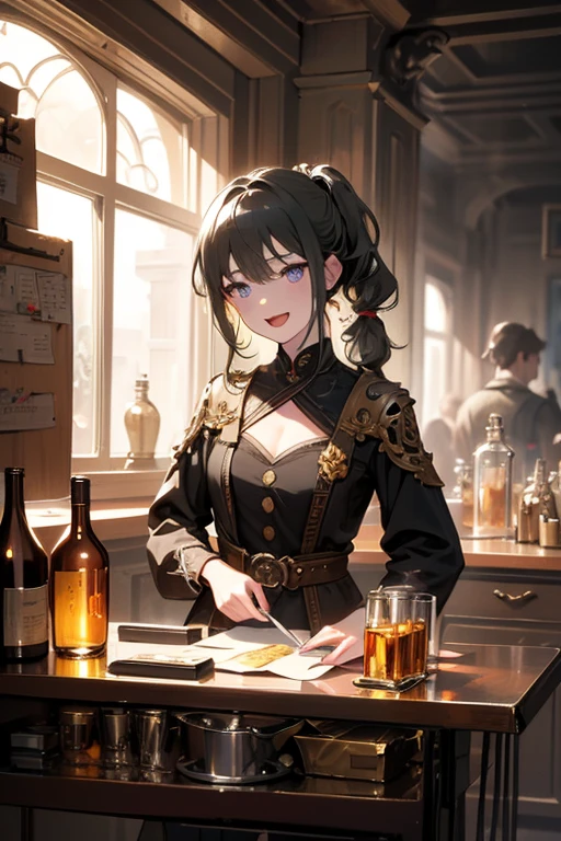 (fantasy:1.5),(anime,8k,masterpiece, top quality, best quality,beautiful and aesthetic:1.2,professional illustrasion:1.1,ultra detail:1.3,perfect lighting),extremely detailed,highest detailed,incredibly absurdres , highres, ultra detailed,intricate:1.6,(Alchemy Workshop:1.4),A girl mixing,Medicine in many small bottles,holding small potion,colorful:1.4,zentangle,(1girl),(girl),(Three kingdoms female warload),(highly detailed beautiful face and eyes,firm breasts),oily skin,((black,hair,short bob with short pony tail hair)),thin pubic hair,cute,lovely,34 years old,alchemist costume,Merchant's Clothing,smile,in the kitchen,smile,seductive weak smiling,(with sparkling eyes and a contagious smile),open mouth, Looking at Viewer,
