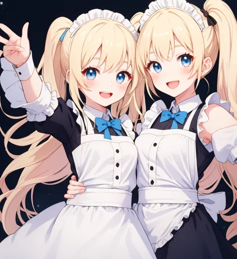 White background、cute、Blonde Pigtails、blue eyes、Cute pose、Open Mouth Smile、Maid Costume、