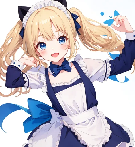 White background、cute、Blonde Pigtails、blue eyes、Cute pose、Open Mouth Smile、Maid Costume、