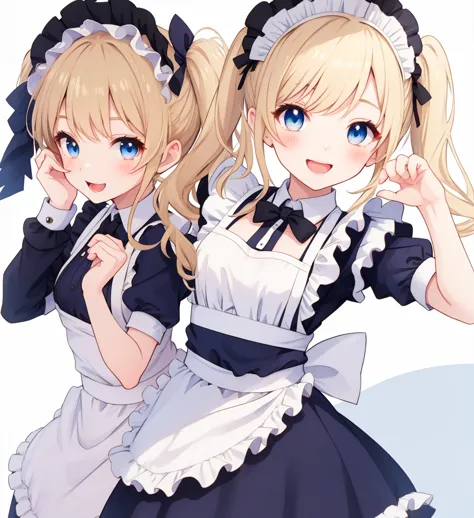 White background、cute、Blonde Pigtails、blue eyes、Cute pose、Open Mouth Smile、Maid Costume、