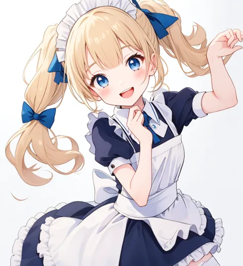 White background、cute、Blonde Pigtails、blue eyes、Cute pose、Open Mouth Smile、Maid Costume、