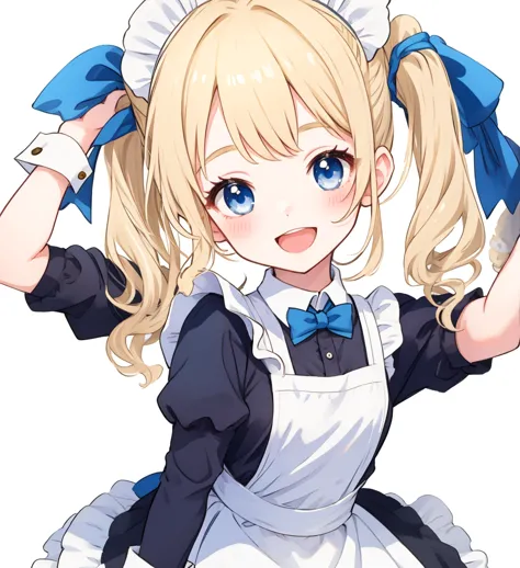 White background、cute、Blonde Pigtails、blue eyes、Cute pose、Open Mouth Smile、Maid Costume、