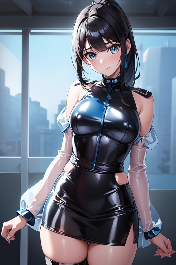 1girl,solo,(police:1.6),(blue police uniform:2.0),(blue pencil skirt:1.6)cowboy shot,standard height,standing,(black hair:1.4),long hair,ponytail,parted bangs, circlet, headband,(brown eyes:1.4),(beautiful fingers:1.6),(perfect anatomy:1.6),(arms_behind_back:1.6),(cold_shoulder:1.4),(latex luster shiny glossy metallic:1.4),(shiny_clothes:1.4),small breasts,masterpiece,best quality,(Ultra high definition eyes:1.2),8k,(Beautiful detailed eyes:1.2),(Fine and beautiful eyes:1.2),(pretty eyes:1.2),finely detail,extremely CG, absurdres,high resolution,illustration,Detailed and beautiful outlines,finely detail,high resolution,(colorful refraction:1.4,Increase saturation:1.2),beautiful lighting,dynamic lighting,closed room,black background,simple background, smile,looking at viewer,(white Clear PVC sheets sleeves:1.4),(sheer sleeves:1.4),(see-through sleeves:1.4),(wide sleeves:1.2),(blue thigh boots)