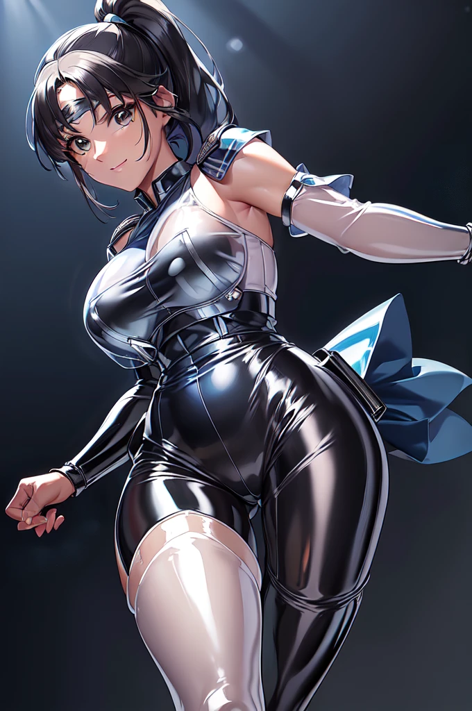 1girl,solo,(police:1.6),(blue police uniform:2.0),cowboy shot,standard height,standing,(black hair:1.4),long hair,ponytail,parted bangs, circlet, headband,(brown eyes:1.4),(beautiful fingers:1.6),(perfect anatomy:1.6),(arms_behind_back:1.6),(cold_shoulder:1.4),(latex luster shiny glossy metallic:1.4),(shiny_clothes:1.4),small breasts,masterpiece,best quality,(Ultra high definition eyes:1.2),8k,(Beautiful detailed eyes:1.2),(Fine and beautiful eyes:1.2),(pretty eyes:1.2),finely detail,extremely CG, absurdres,high resolution,illustration,Detailed and beautiful outlines,finely detail,high resolution,(colorful refraction:1.4,Increase saturation:1.2),beautiful lighting,dynamic lighting,closed room,black background,simple background, smile,looking at viewer,(white Clear PVC sheets sleeves:1.4),(sheer sleeves:1.4),(see-through sleeves:1.4),(wide sleeves:1.2),(blue thigh boots)