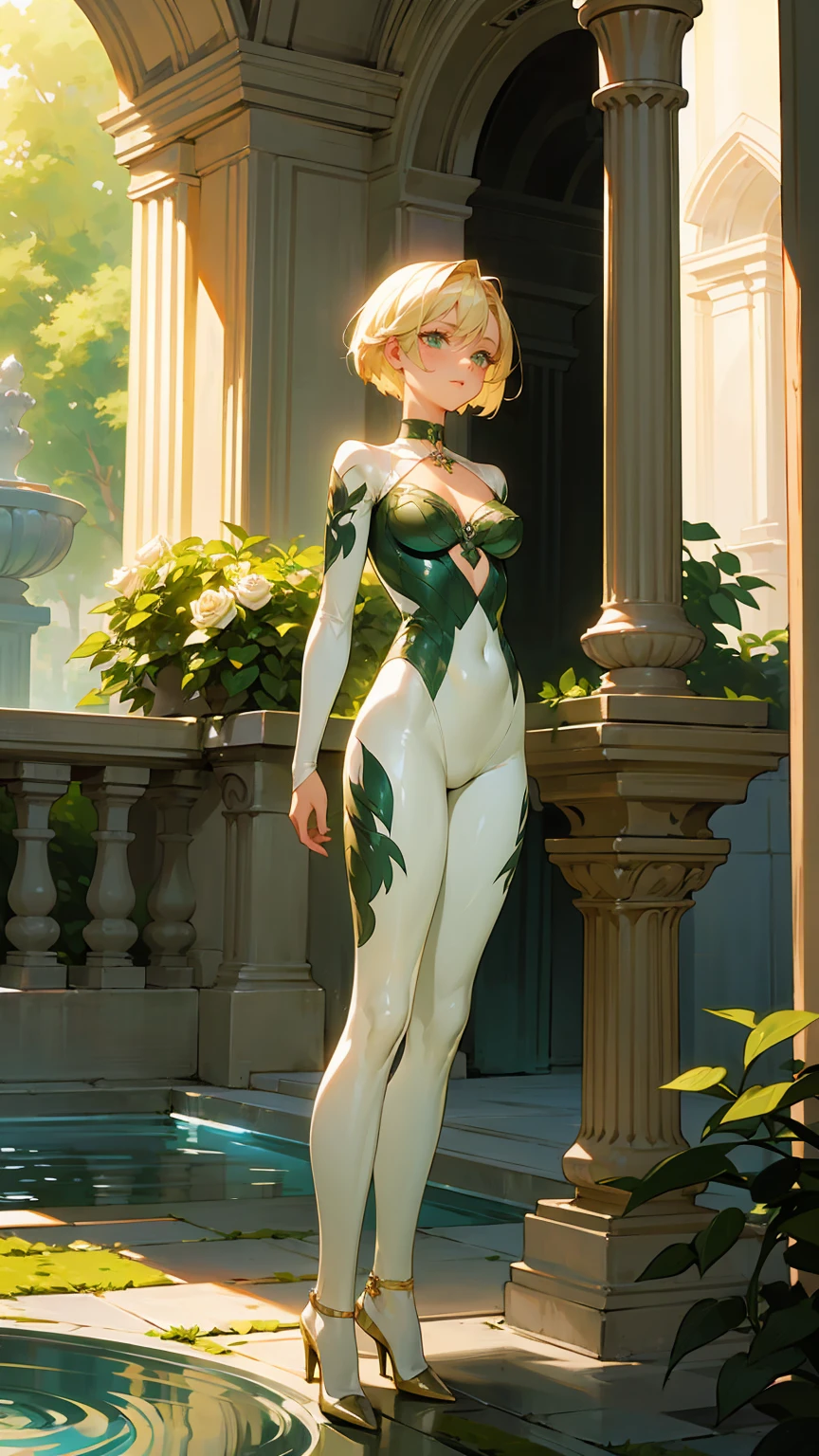 Create an illustration of a beautiful woman with short platinum blonde hair, adorned with a green rose, standing in a fountain. She has green eyes and a gentle expression. She wears a black, form-fitting bodysuit with green leaf patterns and a choker with a green pendant. The background is a lush garden with blooming roses in pink and red, set within a classical stone courtyard with a large fountain. The scene is bathed in soft, golden sunlight, creating a tranquil and romantic atmosphere.

