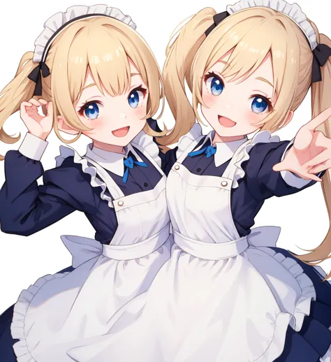 White background、cute、Blonde Pigtails、blue eyes、Cute pose、Open Mouth Smile、Maid Costume、