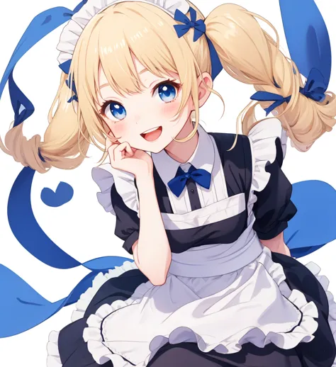 White background、cute、Blonde Pigtails、blue eyes、Cute pose、Open Mouth Smile、Maid Costume、